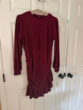 Long Sleeve Ribbed Burgundy Dress Ruched Bodycon Large 12-14 Like New Comfy Sexy